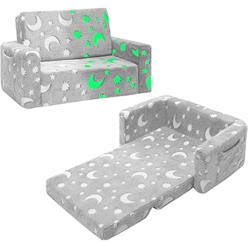 SLIGUY Kids Chair, Toddler Couch, Fold Out Sofa Chair, Toddlers Convertible Sofa to Lounger Pull Out Couch, Glow in The Dark Sofa Chair for Boys and Girls Large (Grey)