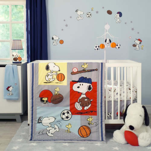 Snoopy Sports Gray/Blue/Yellow/Red 3-Piece Nursery Baby Crib Bedding Set – Lambs & Ivy
