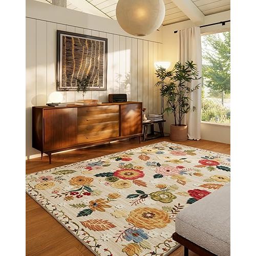 Machine Washable Area Rugs for Bedroom: 5'x7' Living Room Rug Floral Vintage Large Rug Stain Resistant Non Slip Low Pile Faux Wool Soft Rug for Dining Room Bedside Kitchen Entryway Nursery Office
