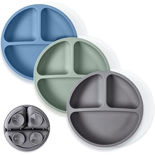 WeeSprout Suction Plates with Lids for Babies & Toddlers, 3 Pack, Color: Matte Blue / Dark Gray / Green