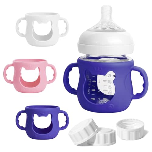 3 Pack Silicone Sleeves for Philips Avent Natural Glass Bottle, Food Grade Anti Breakage Baby Bottle Holder with Handles and 3pcs Travel Bottle Caps, Bottle Lids Replacement (White+Pink+Purple, 4oz)