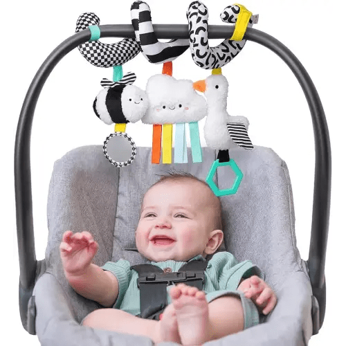 Itzy Ritzy Spiral Car Seat & Stroller Activity Toy - Stroller & Car Seat Toys for Ages 0 Months and Up - Hanging Toys Include Dangling Ring, Mirror and Textured Ribbons (High Contrast)