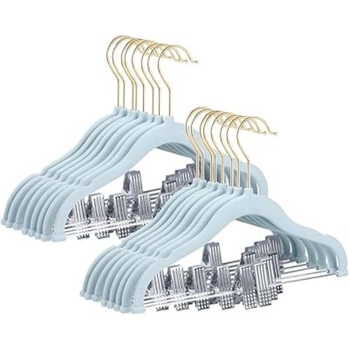 Stormix Baby Hangers with Clips, Non-Slip Heavy-Duty Kids Hangers for Shirts, Pants, Skirts, Dresses, Jackets, Coats - 24 Pack, Blue (Gold Hook)