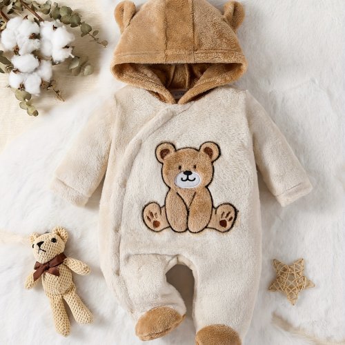Newborn Baby's Bear Embroidery Fuzzy Long Sleeve Hooded Footie, Toddler & Infant Boy's Warm Comfy Footed Romper For Winter Fall Outdoor Play