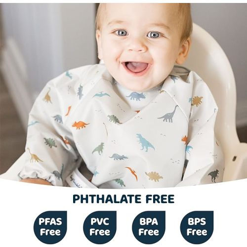 Tiny Twinkle Mess Proof Baby Bib, Full Sleeve Bib Outfit, Waterproof Bib for Toddlers, Machine Washable, Tug Proof Closure - Small 6-24 Months - Dinosaur
