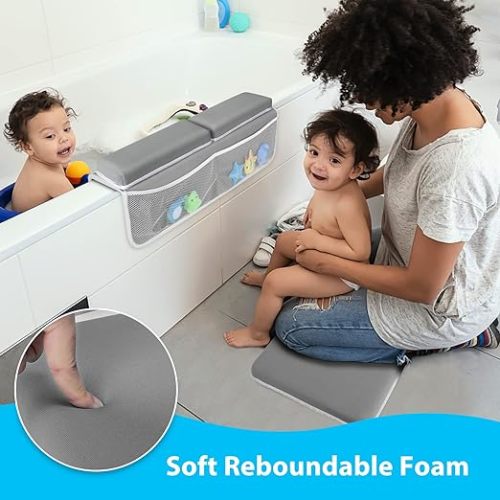 Tiikiy Baby Bath Kneeler and Elbow Rest Pad for Baby Bathing Parents, Painless Foam Mat with Toy Organizer Pockets Support Large Bathtub, Quick Drying, Non-Slip for Baby and Toddler Bathing (Gray)