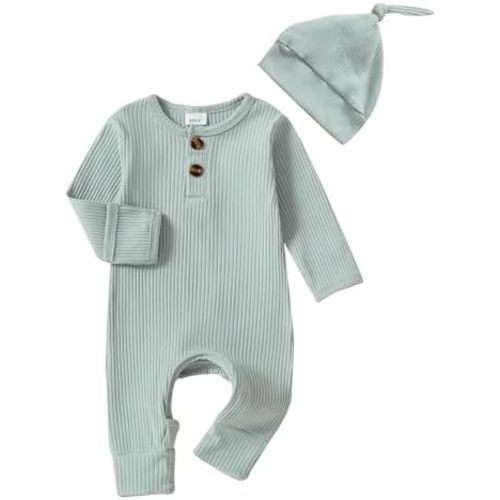 Infant Boys Clothes Set Newborn Baby Romper Hat Ribbed Knit Long Sleeve Button Solid Bodysuit Jumpsuit