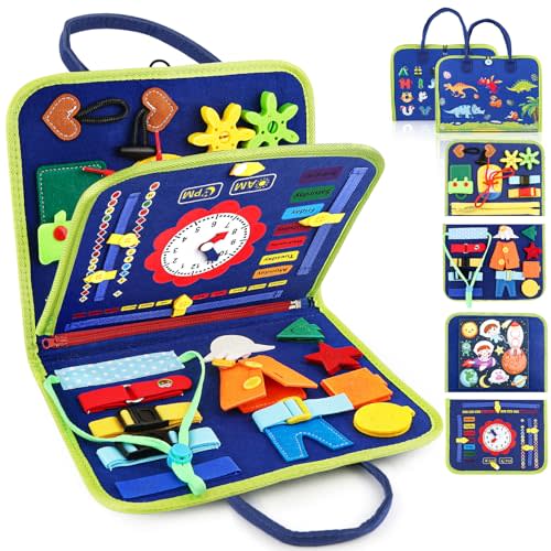 Toddler Busy Board, Montessori Sensory Toys for Boys, 1-4 Year Old Girl Toddler Travel Toys, Educational Learning Activities Board for Motor Skills, Birthday Gifts for Airplane Car, Pink