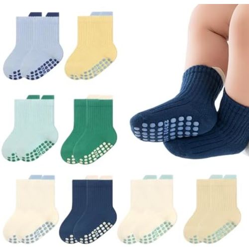 8 Pairs Baby Socks Non Slip Grip Cotton Crew Socks for Boys Girls Newborn Infant Toddler Anti Skid Sock