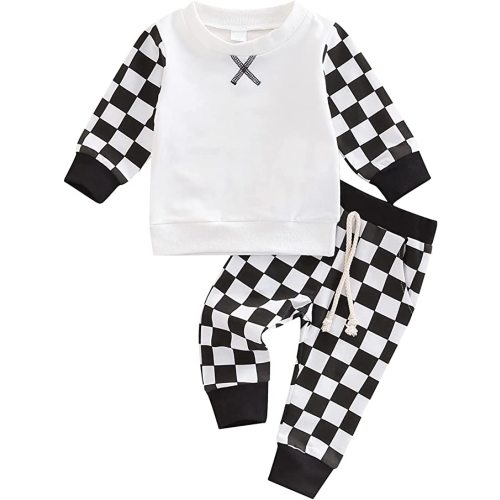 Toddler Baby Boy Girl Long Sleeve Cotton Plaid Pullover Sweatshirt+Trousers Two Piece Outfit Set Fall Winter Clothes - J-black - 6-12 Months
