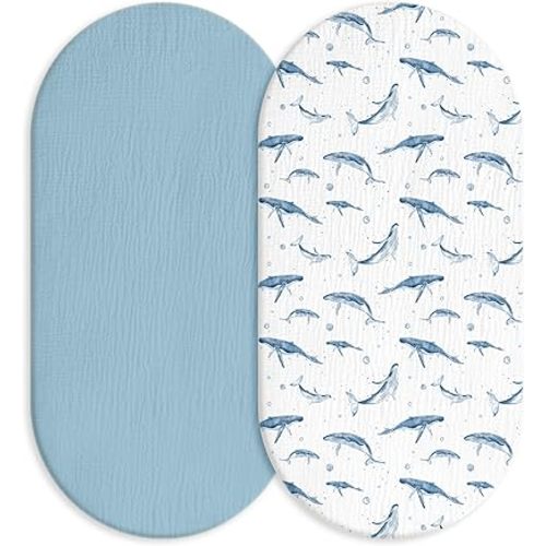 Muslin Bassinet Fitted Sheets, 2 Pack for Baby Boy and Girl, Soft Breathable Baby Pad/Mattress Sheet, Fit for Hourglass Oval and Rectangle Bassinet Mattress (Blue Whale, Bassinet Sheets 2 Pack)