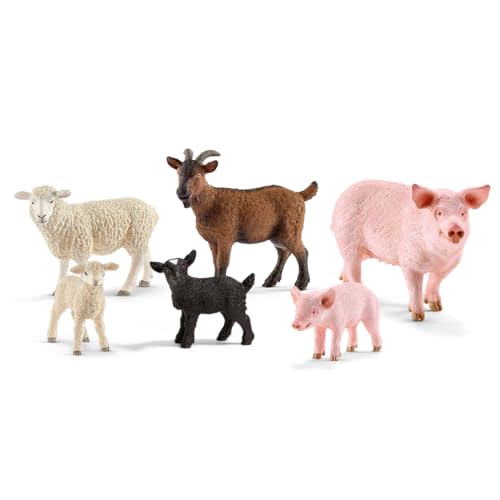 Schleich Farm World Farm Animal Toys for Toddlers & Kids Ages 3+, 6-Piece Mom and Baby Toy Farm Animal Set Pig, Piglet, Goat, Goat Kid, Lamb and Sheep Figurine Farm Set, 77584