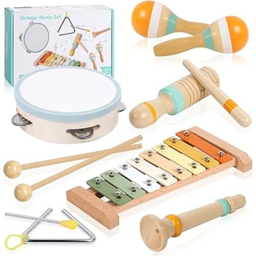 Baby Musical Instruments - Wooden Montessori Toys for Toddlers 1-3, Baby Musical Toys Percussion Instruments Set with Xylophone Tambourine, Neutral Preschool Educational Baby Toys for Boy Girls Gifts