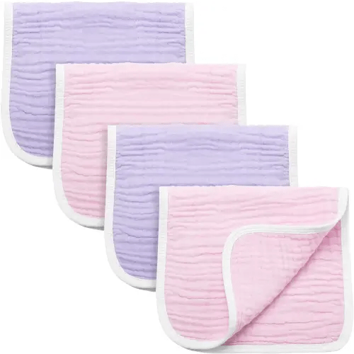 Synrroe Burp Cloths Large, Muslin Burp Cloths for Baby Girls, Pack of 4 Extra Absorbent and Soft Muslin Bibs, 6 Layers 20 by 10 Inches 100% Cotton (Pink-Purple 4 Pack)