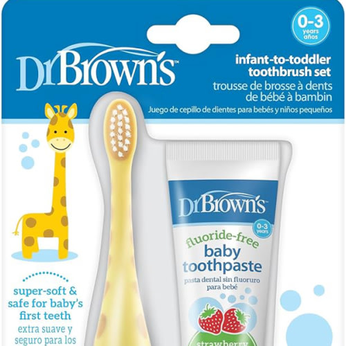 Dr. Brown's Infant-to-Toddler Training Toothbrush Set with Fluoride-Free Baby Toothpaste, Strawberry - Giraffe - 1.4oz - 0-3 Years