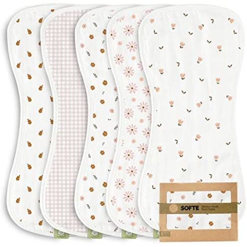 5-Pack Organic Muslin Baby Burp Cloths - White Bamboo Cotton Burp Cloth - Burp Rags - Neutral Burp Clothes for Baby Boy,Girl, Newborn, Unisex - Large Absorbent Muslin Burp Cloths (Petals)