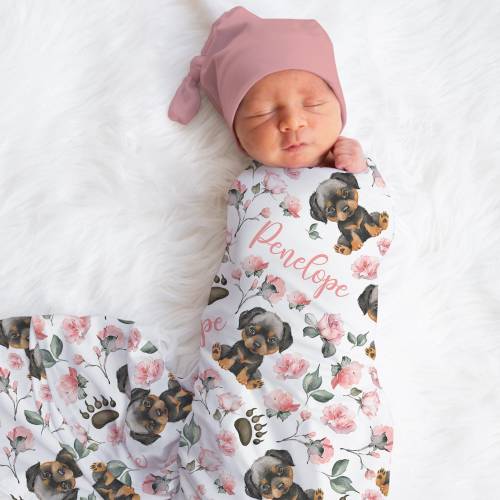 Personalized Rottweiler Swaddle Blanket Puppy Name Baby Blanket Newborn Baby Girl Coming Home Outfit Hospital Photo Outfit Baby Shower Gift