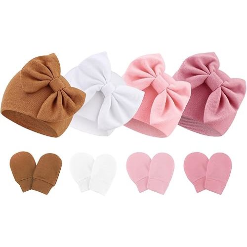 BQUBO Newborn Baby Hats Mittens Set Hospital Hat Beanie Infant Bow Hats Baby Gloves No Scratch Mittens for 0-6 Months