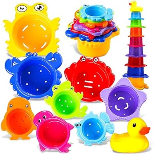 SMALL FISH Stacking Cups Bath Toys for Toddlers, Rainbow Bath Cups for Baby 1-3 Years Old, Safe Infant Nesting Cups with Rubber Duckie for Fun Bath Time, Birthday Stocking Stuffers