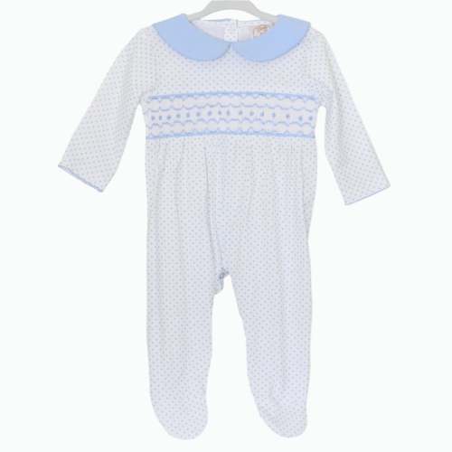 BOYS SMOCKED BLUE BITTY DOT FOOTIE – Little Bear Smocks