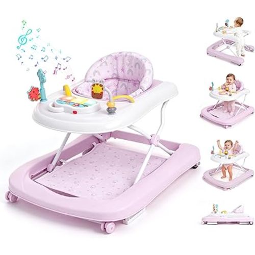 Baby Walker with Wheels, 5-in-1 Foldable Push Walker for Baby Girls 6-12 Months, Baby Walker & Bouncer Combo, Adjustable Height, Music Light Infant Activity Center Bouncer Walker(Pink)