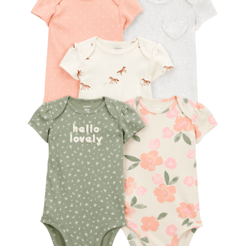 Pink/Green Baby Girl 5-Pack Floral Horses Short-Sleeve Cotton Bodysuits | Carter’s Oshkosh Canada