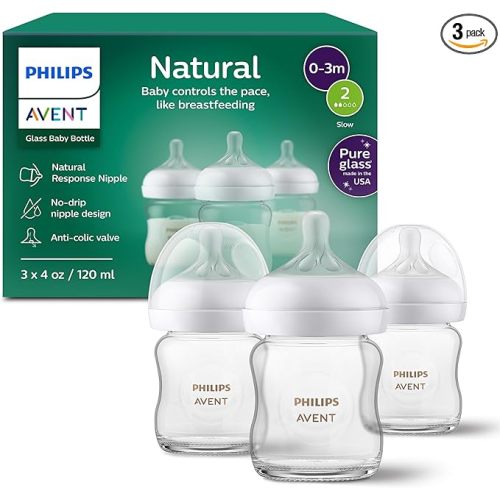 Philips Avent Natural Glass Baby Bottles with Natural Response Nipples (Slow Flow, Flow 2), 4oz, 3-pack, SCY910/03