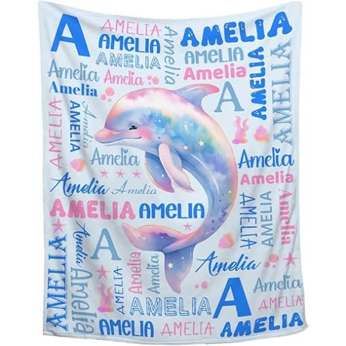 Baby Blanket Dolphin Gift for Boys Girls,Personalized Baby Dolphin Blanket with Name for Girls Boys Birthday Gift,Oceans Animals Decor for Sofa Couch Living Bedroom,30"x40"-Toddlers/Pets Size