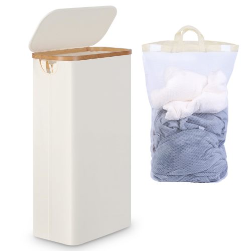Efluky Slim Laundry Basket with Lid, Narrow Laundry Hamper with Removable Bag, Skinny Dirty Clothes Basket with Bamboo Handles for Bathroom, Bedroom & Laundry Room, 63L Beige