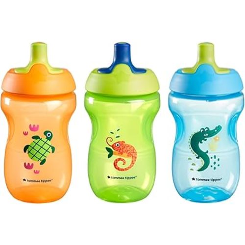 Tommee Tippee Sportee Water Bottle, for 12m+, 10oz, Pack of 3 Non-Spill Sippy Cups for Toddlers, Orange, Green and Blue, with Bite-Resistant Spout, Easy-Hold and BPA Free