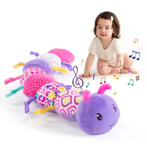 Jollybaby Musical Caterpillar Sensory Toys for Baby Girl 0-6-12 Months, Montessori Brain Development Toys for Ages 0-2 Infant, Floor Toys with Music Box, Texture and Rattles for Newborn Girls Gifts