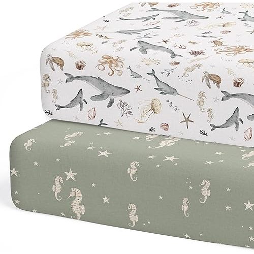 2-Pack Crib Sheet for Standard Crib & Toddler Mattress (Ocean Odyssey) - Premium Fitted Baby Crib Sheets - Buttery Soft Cotton Blend - Crib Mattress Sheets Fitted - Baby Bed Sheets