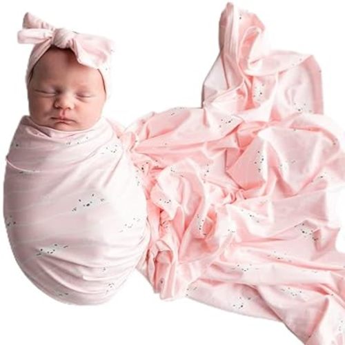 Luxury Rayon from Bamboo Headband & Baby Swaddle for Newborns 0-3 Months, Peek-a-Boo Baby Bear Newborn Swaddle Blanket for Baby Girls, Hypoallergenic, Breathable & Buttery Soft