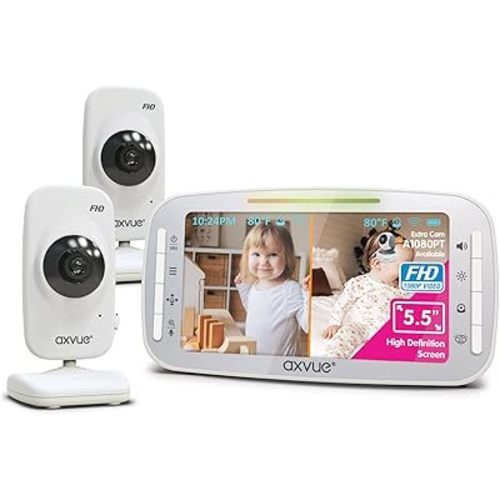 Video Baby Monitor,1080P Full HD Ultra clear image quality,5.5" IPS Screen Monitor & 2 Camera, Range up to 1000ft,24h Battery Life, 2-Way Talk,Split Screen,Night Vision,Temperature Monitor,No WiFi.