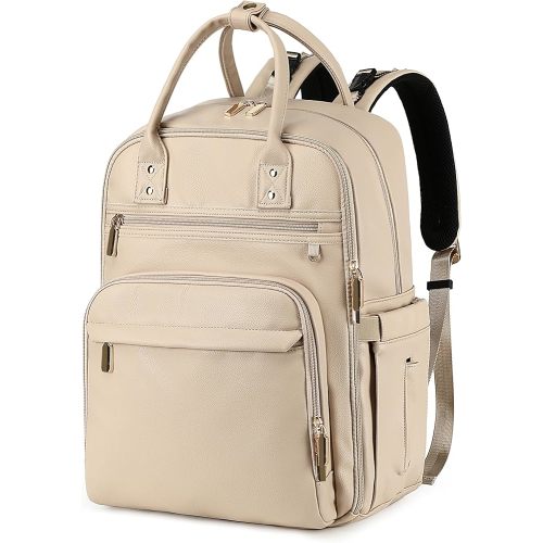 18 Pockets Diaper Bag Backpack with Wet Pockets and Stroller Clips, Convertible Tote Bag (Faux Leather, Beige)