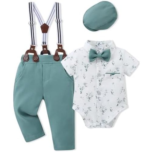 Baby Boy Clothes Suits 3-24M Infant Gentleman Outfits, Short Sleeve Shirt+Bowtie+Beret+Suspender Pants Clothing Set