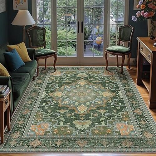 Machine Washable 5x7 Area Rugs for Living Room Vintage Rugs Carpet Rugs Non Slip Low Pile Water Repellent Soft Print Pattern for Bedroom Indoor Decor Polyester Rug Green