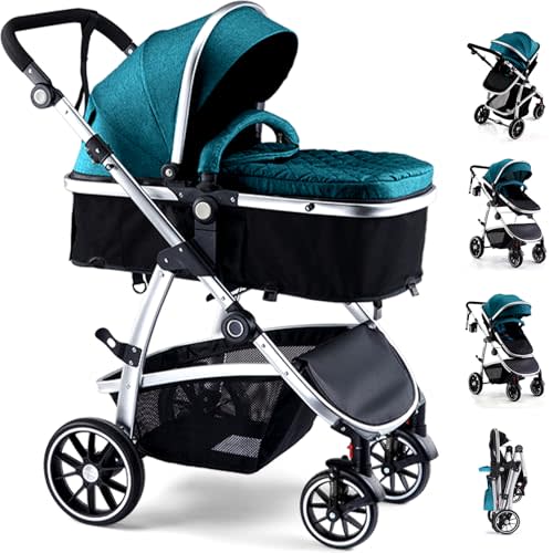 Hagaday Baby Stroller, 2-in-1 Reversible Toddler Seat with Bassinet Mode, Foldable Infant Stroller with Canopy, One Button Brake, Adjustable Handle, Newborn Pushchair(Blue)