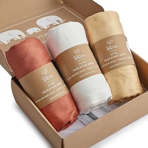 Graco Pack and Play Sheets Fitted – Compatible with Graco Pack n Play Playard Crib and Other 27 x 39 Inch Playpen Mattress, Buttery Soft Jersey Playard Sheets, Orange Yellow Grey, 3 Pack