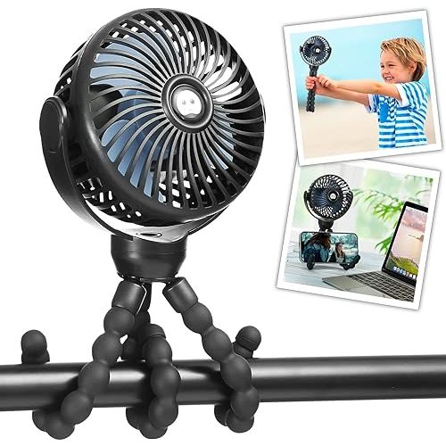 snawowo Mini Portable Baby stroller Fan, Battery Operated Personal Small Handheld Fan, 360° Rotate Flexible Tripod Rechargeable Clip On for Car Seat Crib Bike Treadmill Travel Camping Black