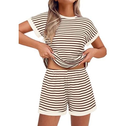 Ekouaer Waffle Knit Lounge Set Women Stripe Pajama Sets Short Sleeve Pj Tops and Shorts Matching loungewear with Pockets