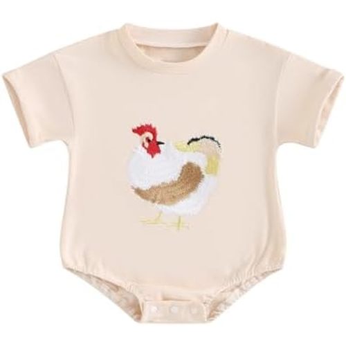 FIOMVA Baby Boy Girl Farm Outfit Embroidery Onesie Chicken Bubble Romper Short Sleeve Bodysuit Shirt Newborn Summer Clothes