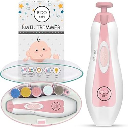 BİDO Baby Nail Trimmer File Electric-Safe Baby Nail Clippers,Manicure Kit for Newborn Toddler and Kids,12 Grinding Heads and LED Light, Pink or Blue (Pink)