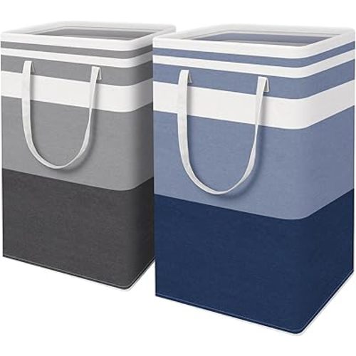 HomeHacks 2 Pack Large Laundry Baskets, Waterproof, Freestanding Laundry Hampers, Collapsible Clothes Hamper with Reinforced Handles in Laundry, College Dorm, Bathroom, Bedroom (Grey+Blue, 88Lx2)
