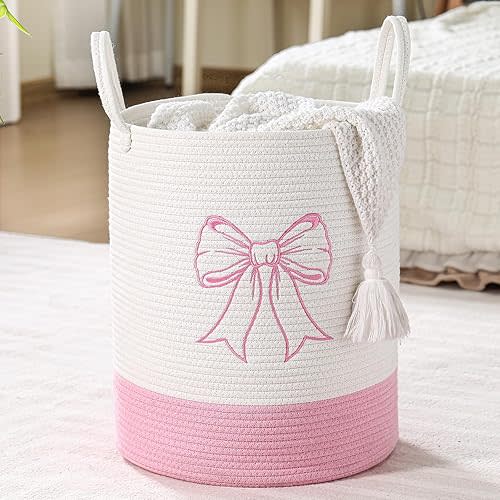 Honeydak Pink Bow Cotton Rope Laundry Basket Hamper Large Laundry Basket Hamper Coquette Bow Room Decor for Girls Girly Nursery Storage Bin Tall Round Organizer for Blanket Toys Clothes