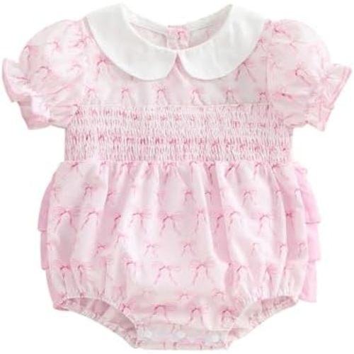 Newborn Baby Girl Romper Bow Embroidery Peter Pan Collar Short Sleeve Bubble Bodysuit Summer Clothes