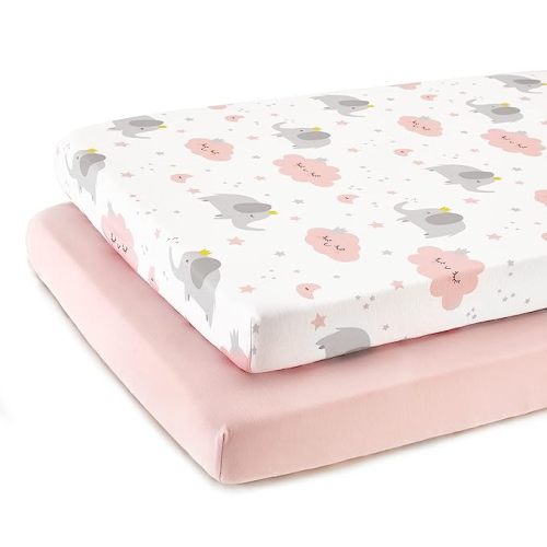 TILLYOU 2 Pack Mini Crib Sheets, Pack n Play Sheets, Fitted Playpen Mattress Sheet for Stretchy Jersey Knit Portable Mini Crib, Play Yard, Playard Bedding Sheet for Boy Girl, Elephants Clouds&Pink - 2 Pack Elephants Clouds&pink - mini crib sheet