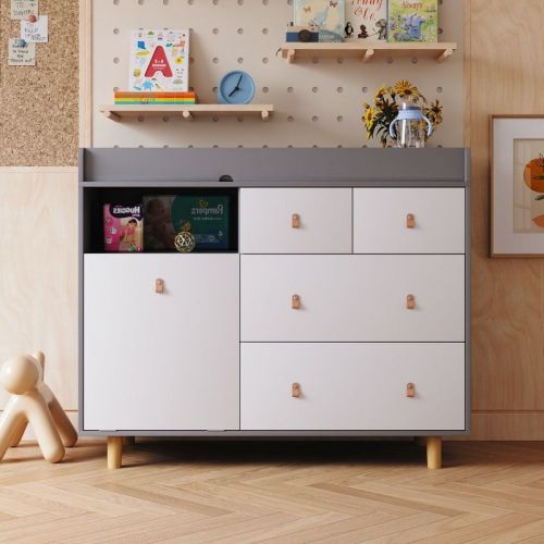 FUFU&GAGA Wooden Mixed Color Baby changing table Storage cabinet Leather pulls Solid wood feet Large space Partitioned storage