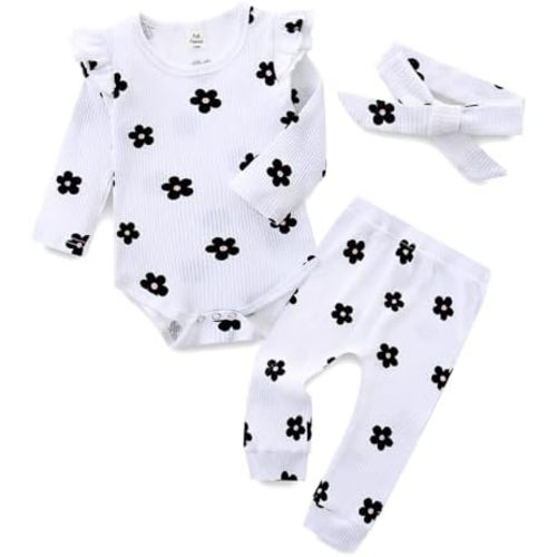 Fullfamous Baby Girl's 3pc Rib Frill Long Sleeve Romper and Pant Set