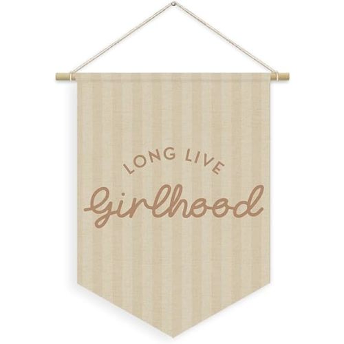 Girl Nursery Decor, Long Live Girlhood Linen Canvas Banner, Neutral Striped Wall Hanging Pennant Flag Banner for Girl Nursery Toddler Kids Room Bedroom Dorm Playroom Decor, 15x11in